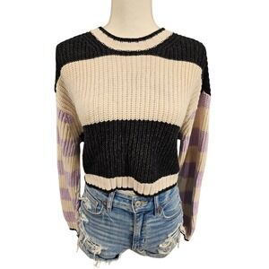 American Eagle Womens Small Striped Cropped Sweater Black Cream Purple Ribbed
